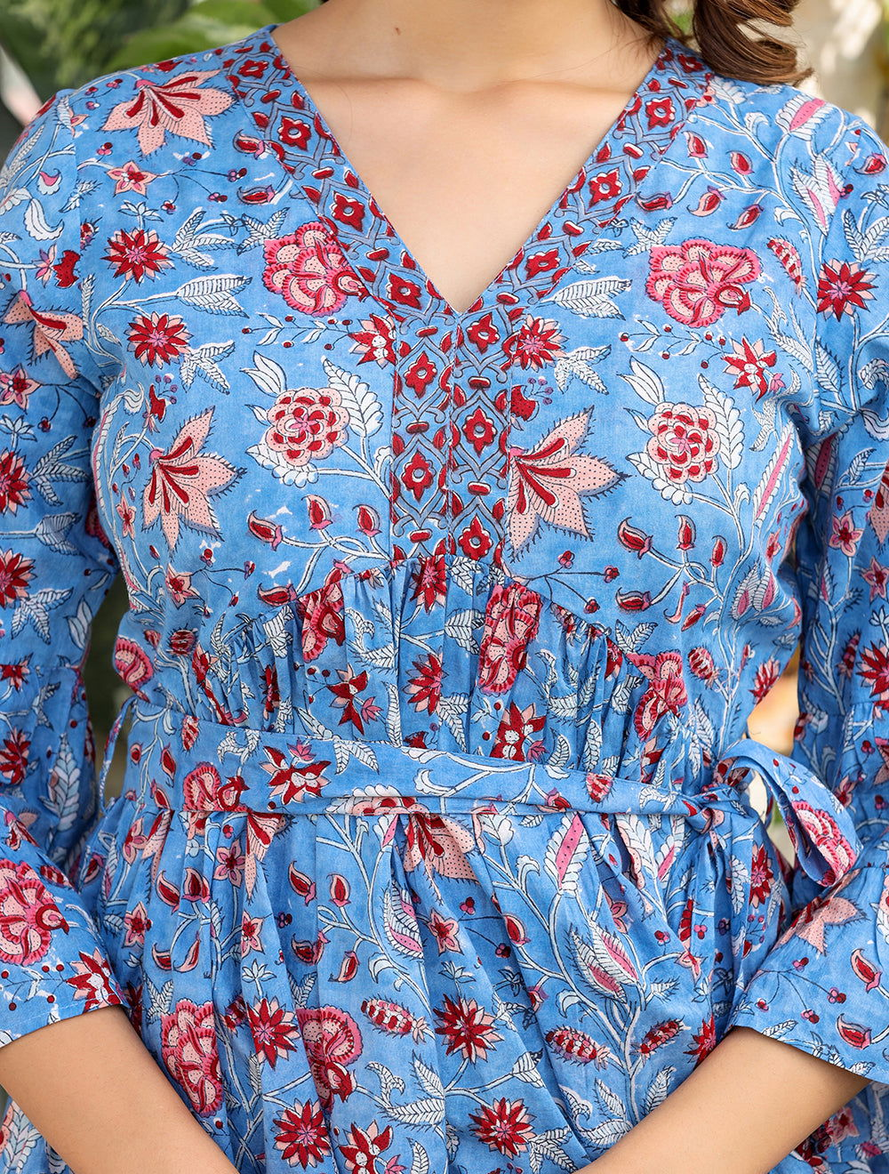 Blue Floral Printed Cotton Handblock Dress (pack of 1) - Kaajh - #tag4#