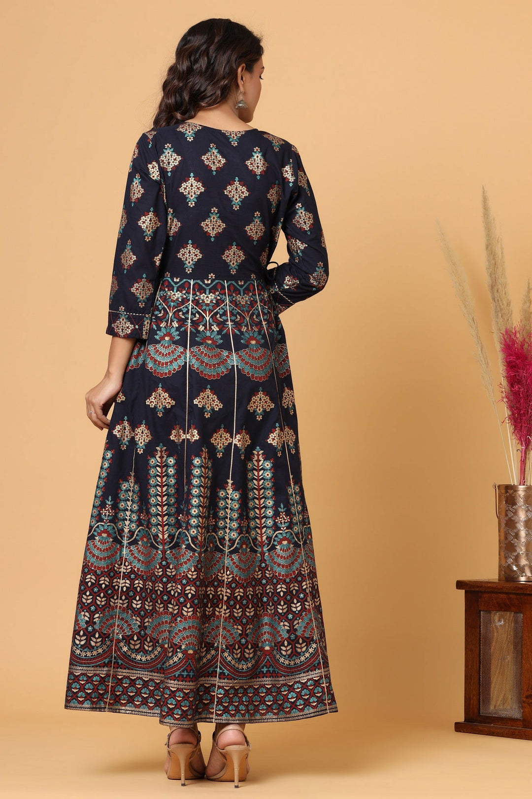 Blue Gold Printed Cotton Ethnic Gown - Kaajh - #tag4#
