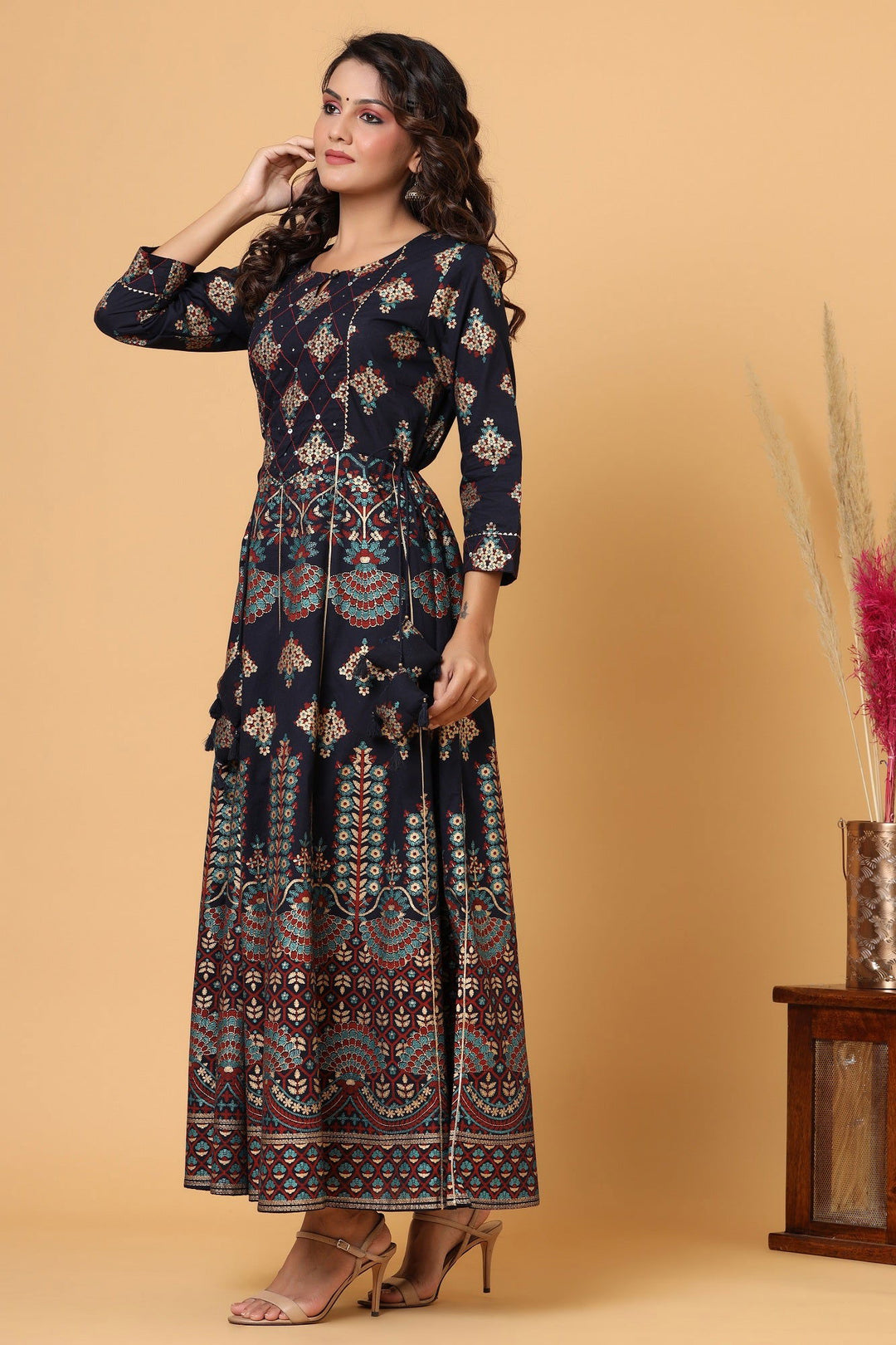 Blue Gold Printed Cotton Ethnic Gown - Kaajh - #tag4#