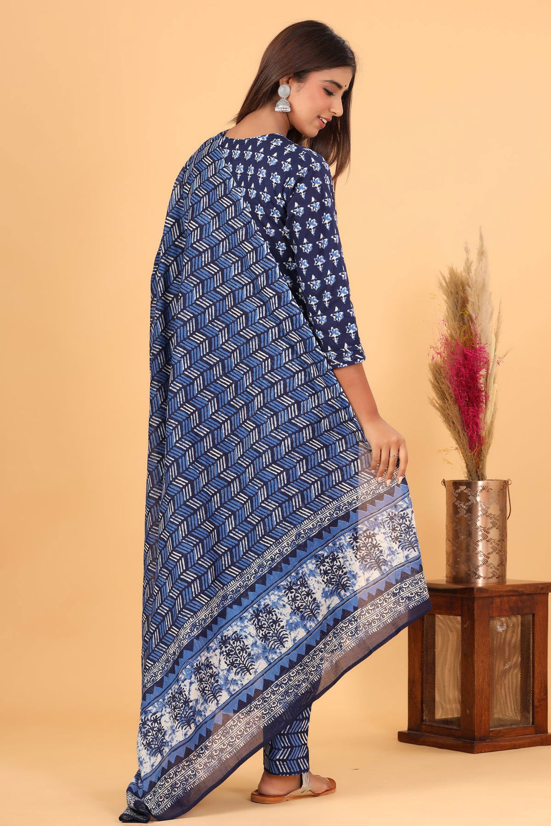 Blue Indigo Floral Printed Cotton Suit Set (Set Of 3) - Kaajh - #tag4#