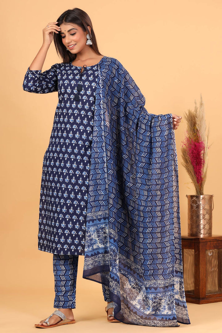 Blue Indigo Floral Printed Cotton Suit Set (Set Of 3) - Kaajh - #tag4#