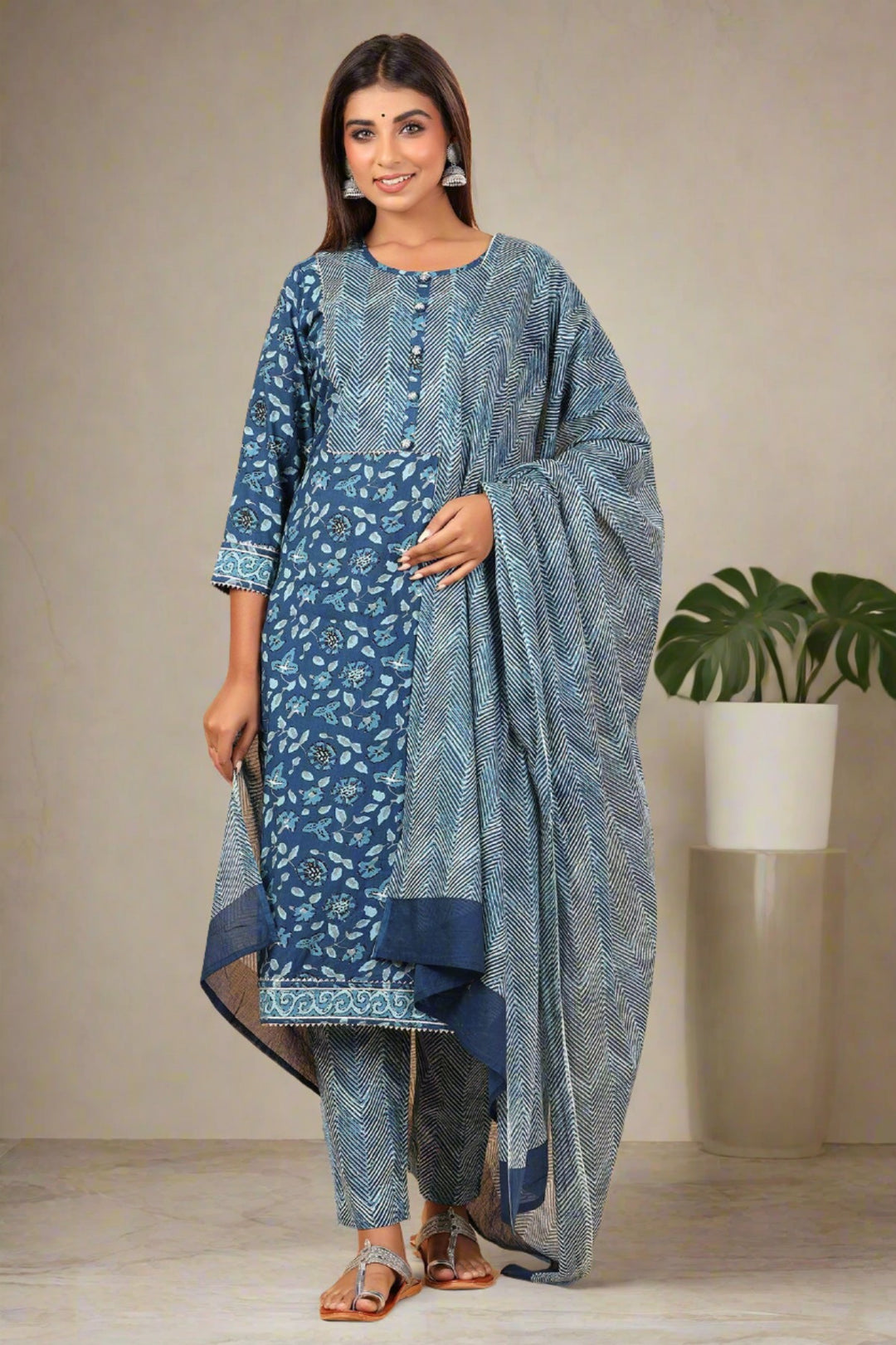 Blue Indigo Printed Kurta Pant With Dupatta Set (Set Of 3) - Kaajh - #tag4#