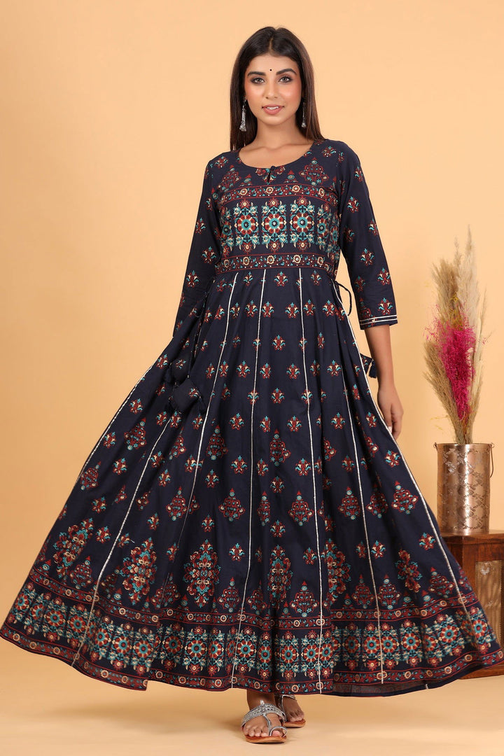 Blue Printed Embroidered Cotton Ethnic Gown (pack of 1) - Kaajh - #tag4#