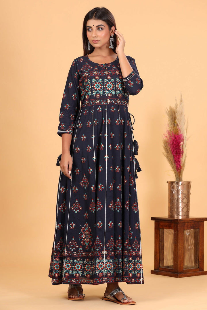 Blue Printed Embroidered Cotton Ethnic Gown (pack of 1) - Kaajh - #tag4#