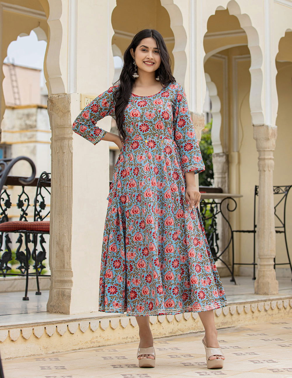 Blue Red Floral Printed Cotton Dress (pack of 1) - Kaajh - #tag4#