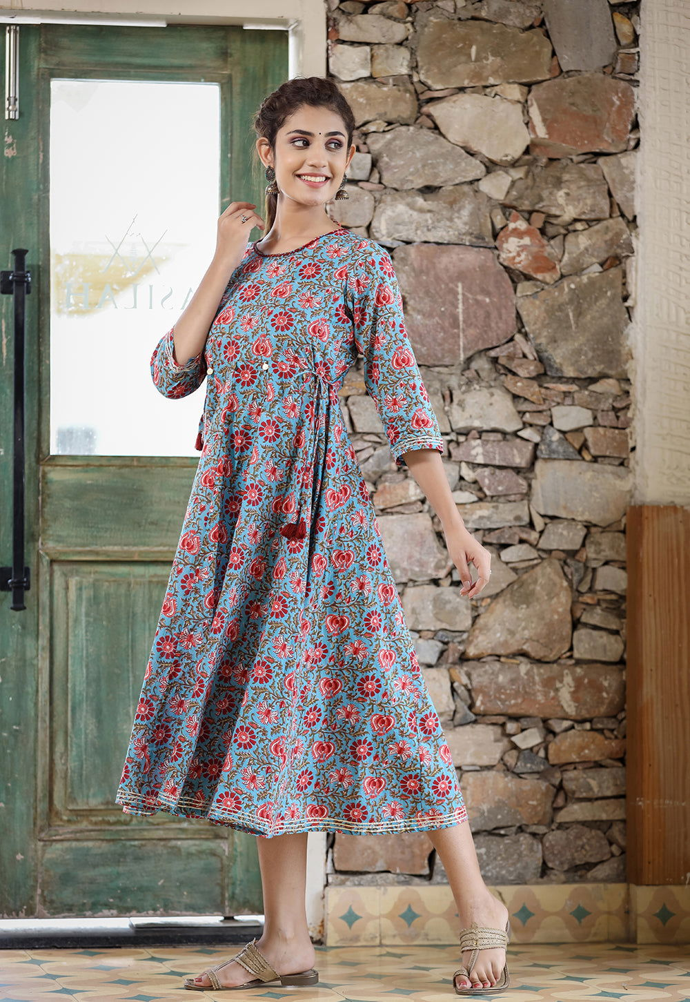 Blue Red Floral Printed Cotton Ethnic Dress (pack of 1) - Kaajh - #tag4#