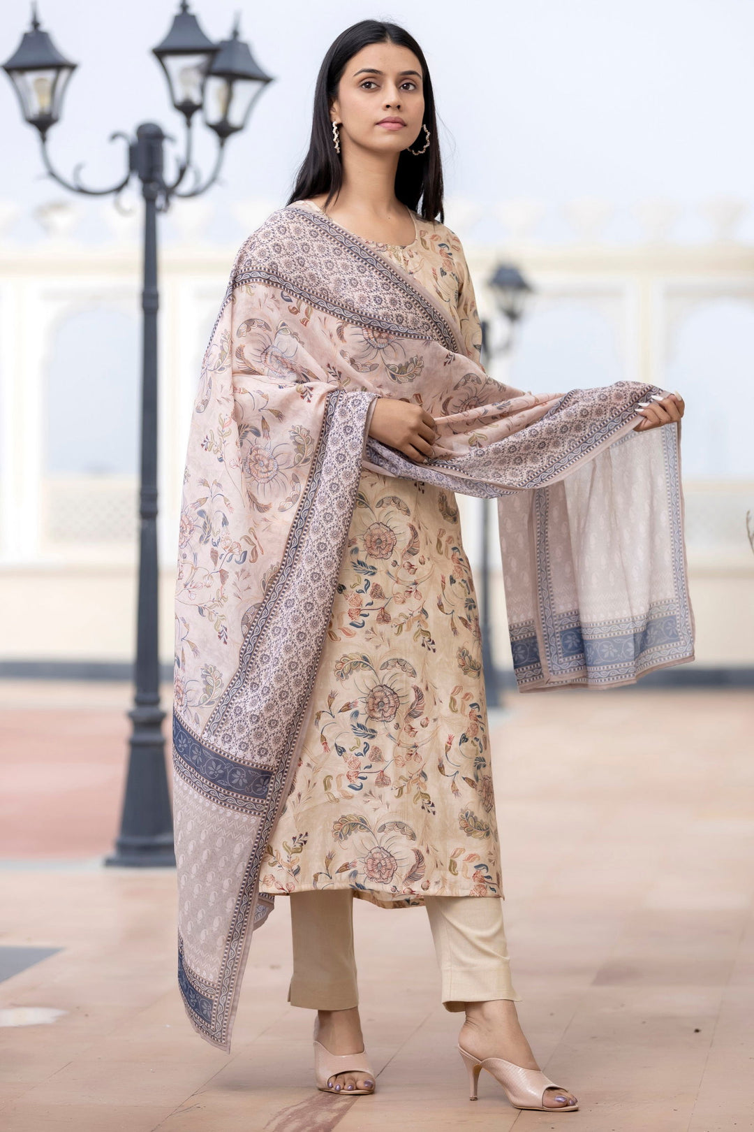 Cream Floral Printed Modal Silk Suit Set (pack of 3) - Kaajh - #tag4#