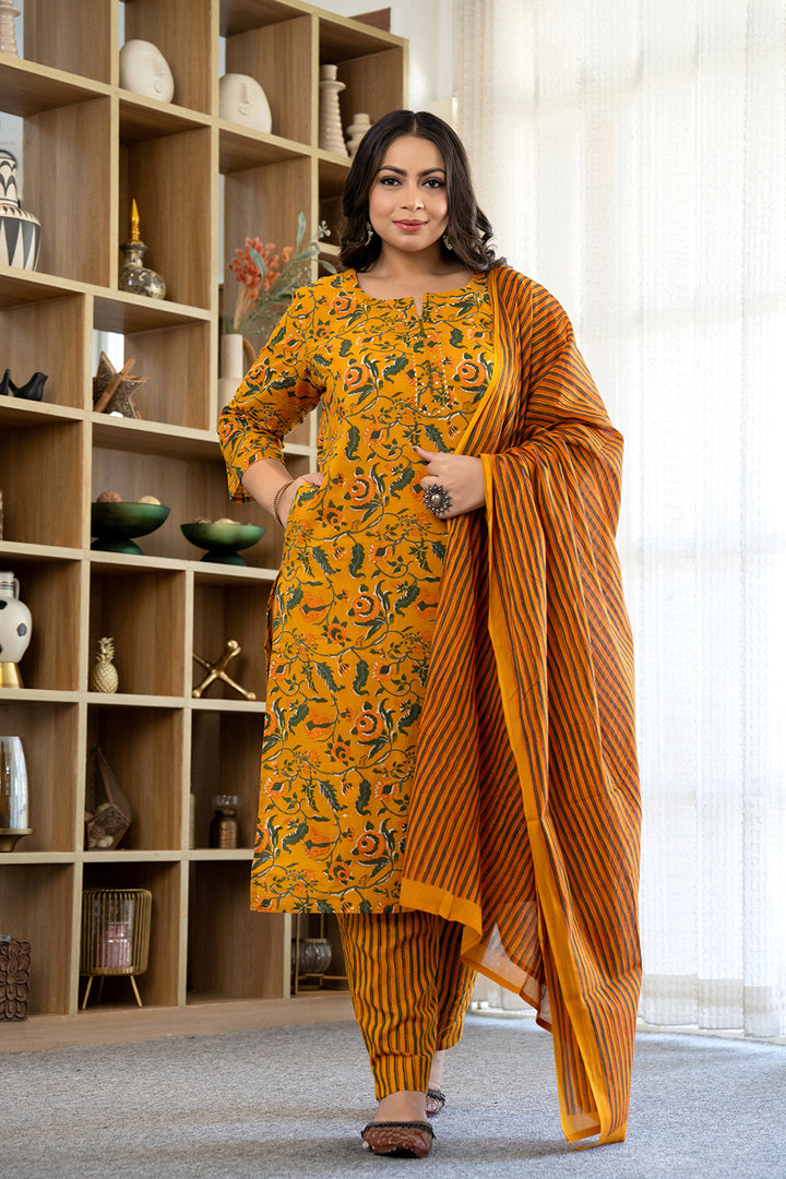  Yellow Cotton Suit Set With Dupatta Online | Best Kurta Set for Ladies