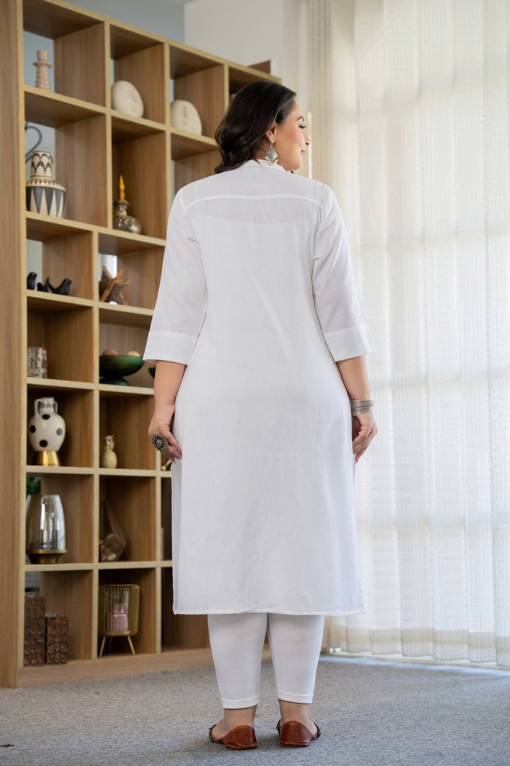 White Solid Cotton Casual Kurta Pant Set for women