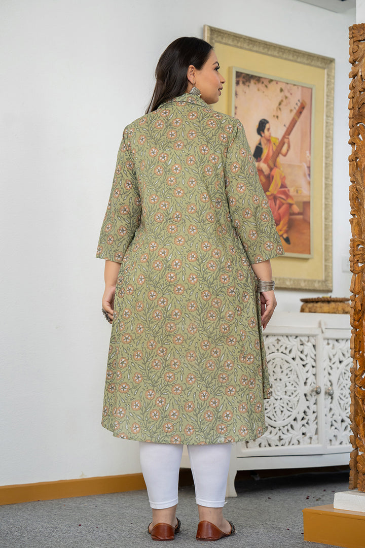 Green Floral Printed Plus Size Cotton Kurta (Set Of 1)