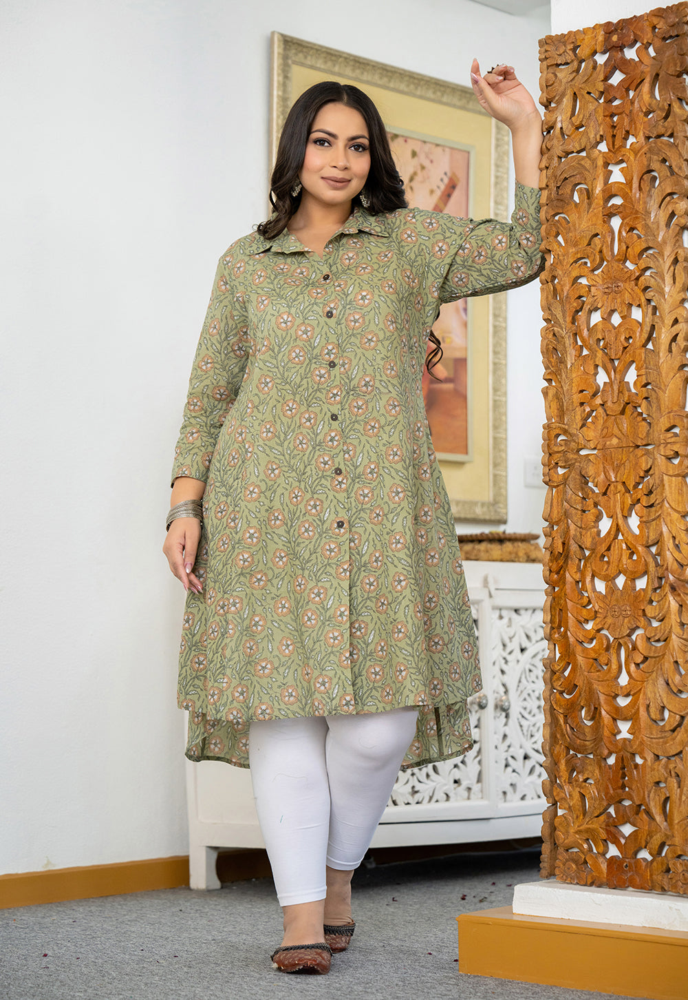 Green Floral Printed Plus Size Cotton Kurta (Set Of 1)