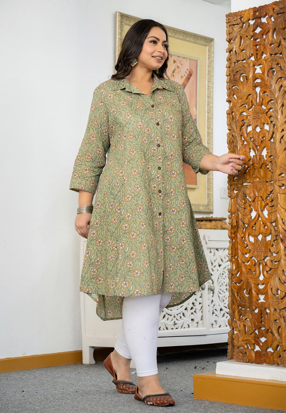 Green Floral Printed Plus Size Cotton Kurta (Set Of 1)