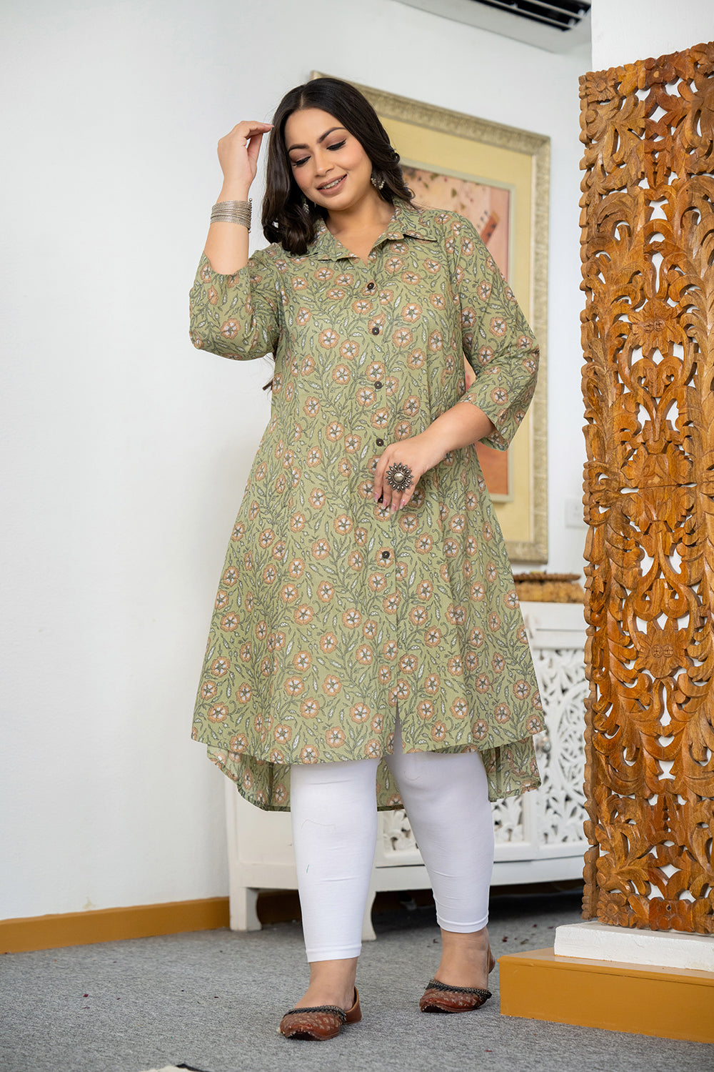 Green Floral Printed Plus Size Cotton Kurta (Set Of 1)