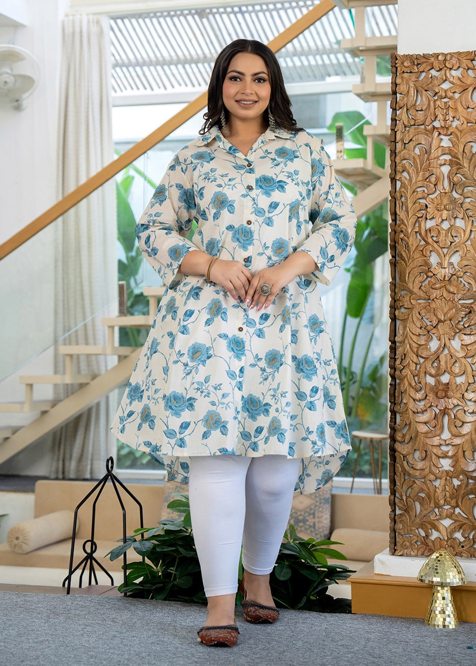 Sky Blue Floral Printed Plus Size Cotton Kurta (Set Of 1)