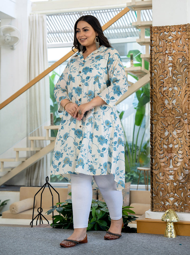 Sky Blue Floral Printed Plus Size Cotton Kurta (Set Of 1)