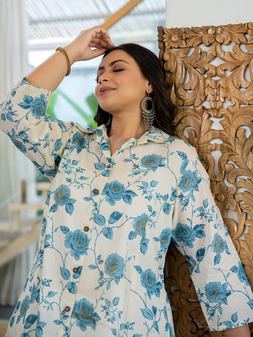 Sky Blue Floral Printed Plus Size Cotton Kurta (Set Of 1)