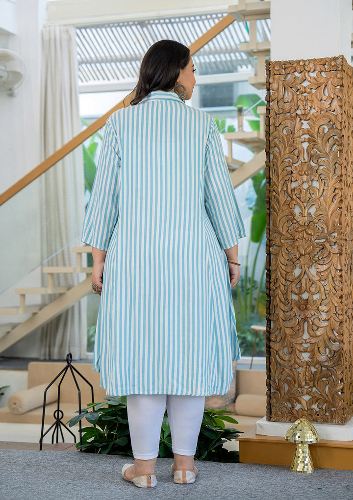 White Striped Viscose Rayon Plus Size Kurta (Set Of 1)