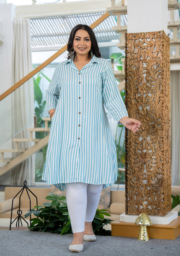 White Striped Viscose Rayon Plus Size Kurta (Set Of 1)