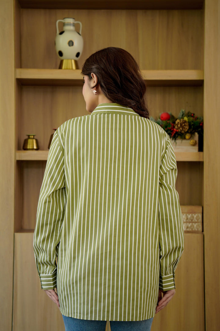 Kiara Olive Green & White Stripe Shirt
