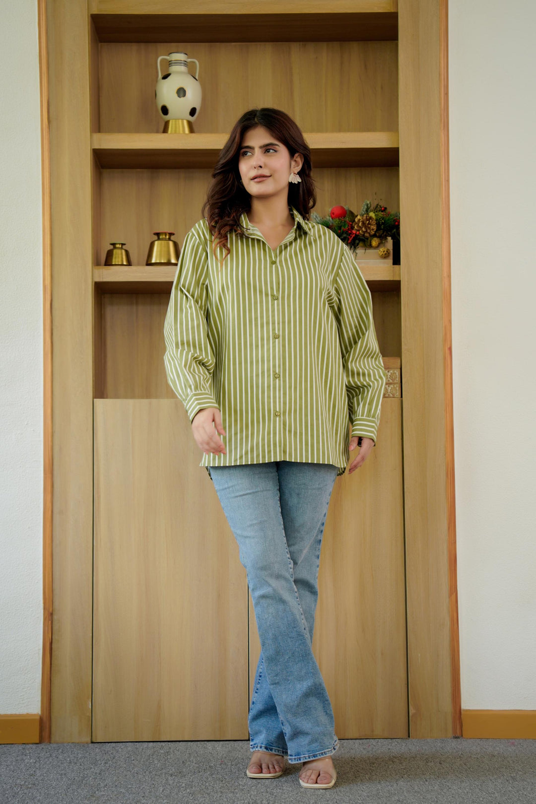 Kiara Olive Green & White Stripe Shirt