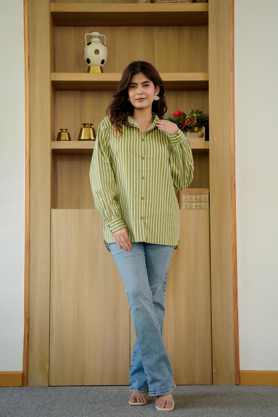 Kiara Olive Green & White Stripe Shirt