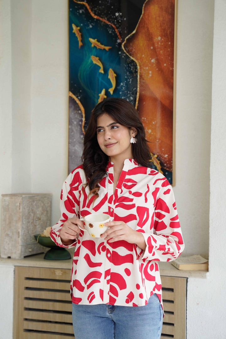 Red Abstract Print Poplin Cotton Shirt