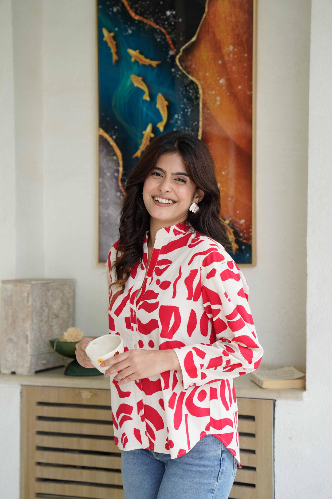 Red Abstract Print Poplin Cotton Shirt