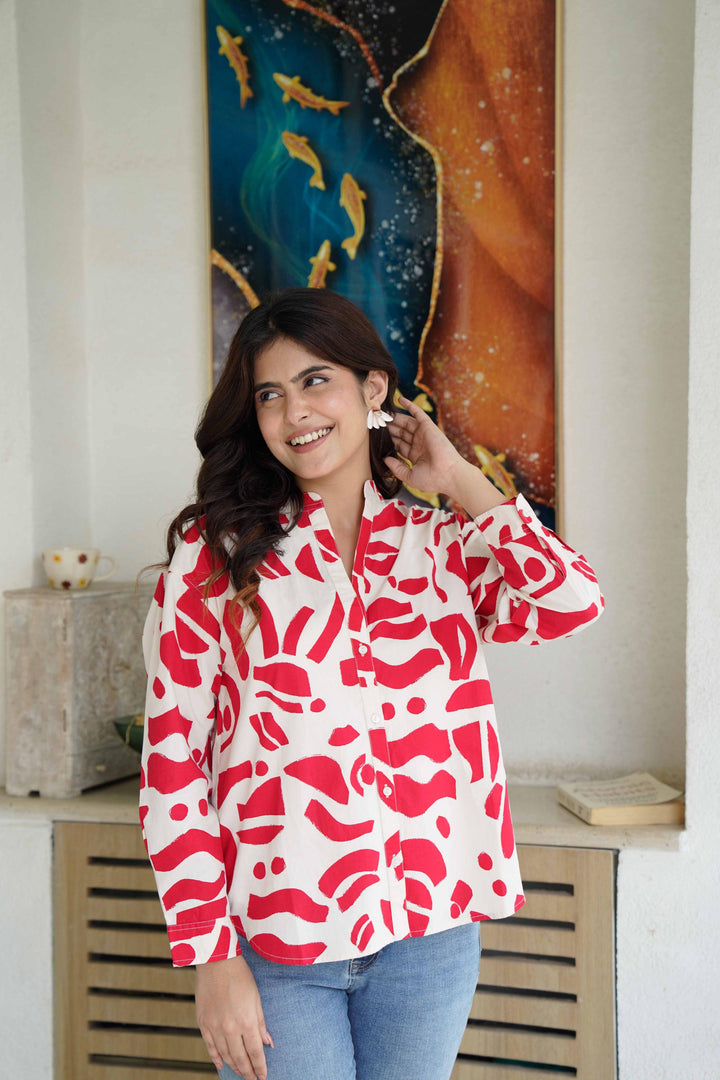 Red Abstract Print Poplin Cotton Shirt