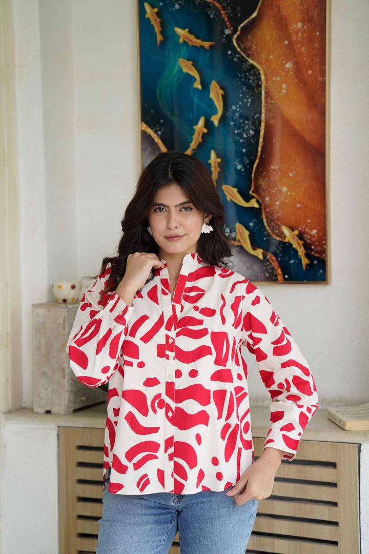 Red Abstract Print Poplin Cotton Shirt