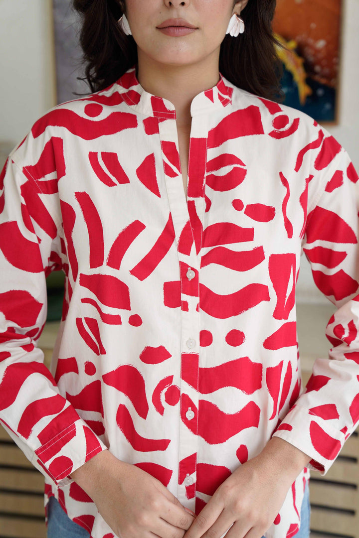 Red Abstract Print Poplin Cotton Shirt