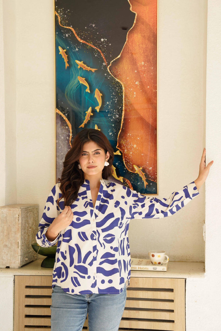 Blue Abstract Print Poplin Cotton Shirt