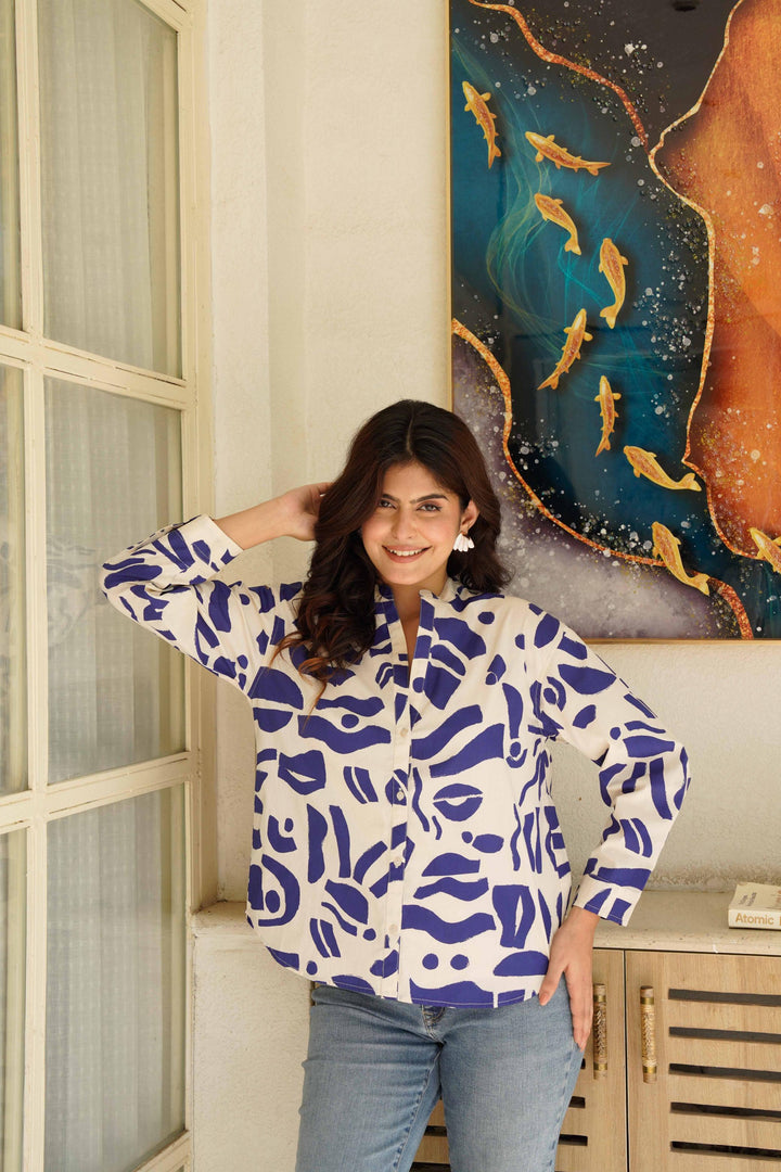 Blue Abstract Print Poplin Cotton Shirt