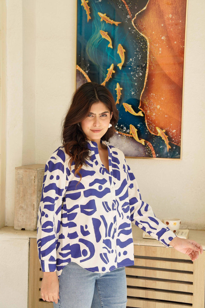 Blue Abstract Print Poplin Cotton Shirt