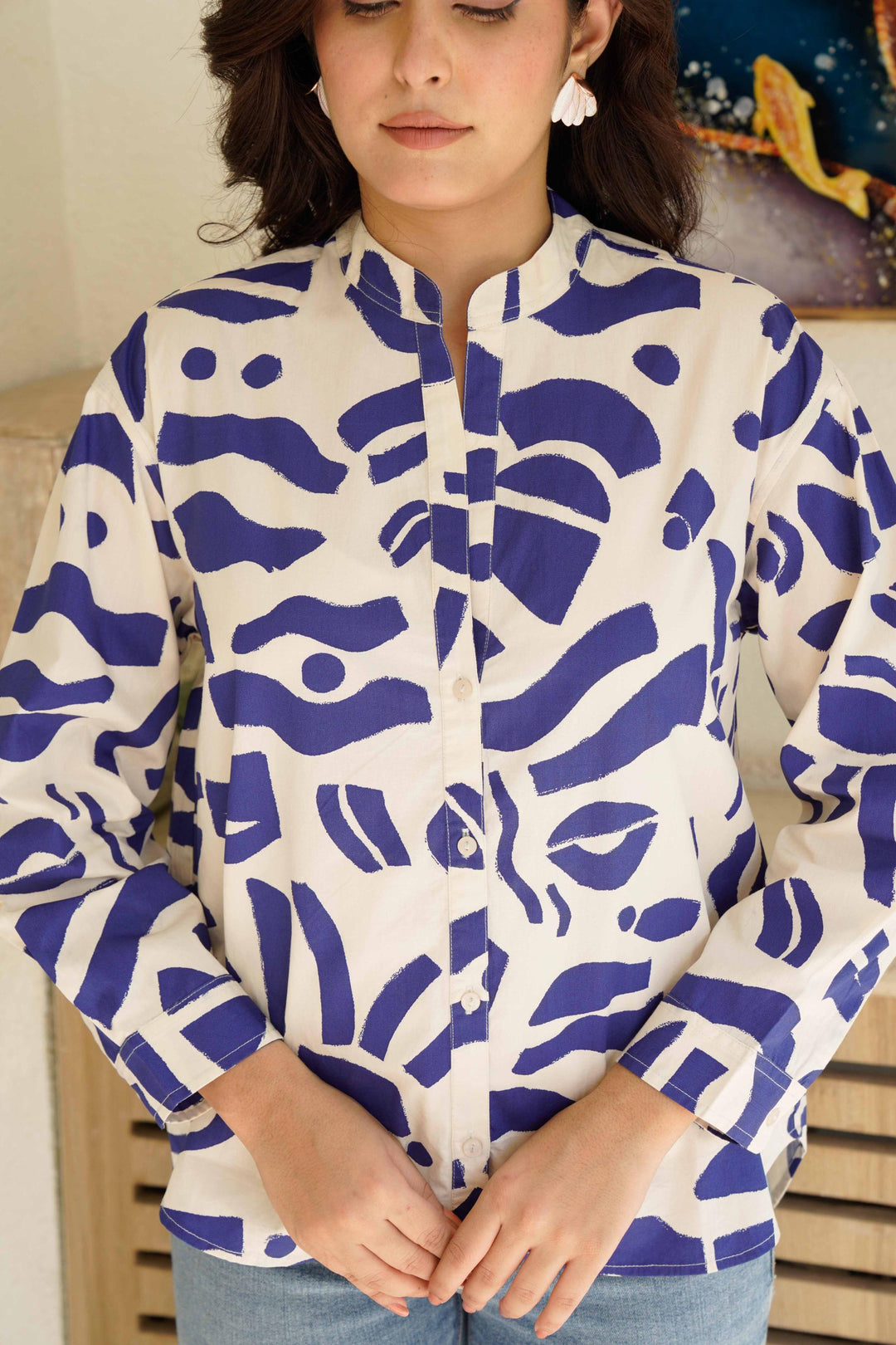 Blue Abstract Print Poplin Cotton Shirt
