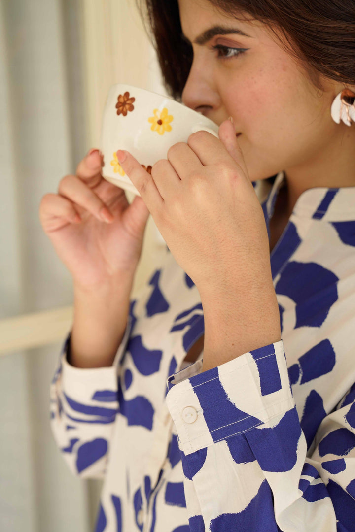 Blue Abstract Print Poplin Cotton Shirt