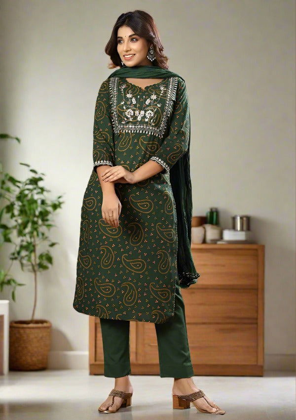 Green Bandhej Embroidery Suit Set (pack of 3) - Kaajh - #tag4#