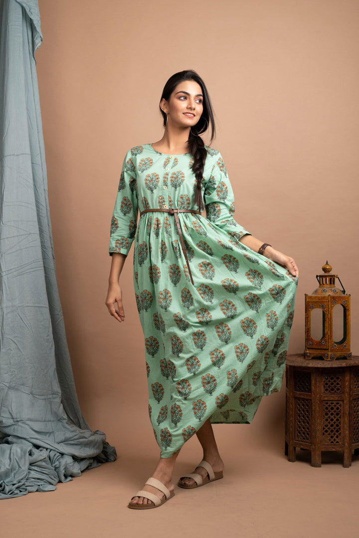 Green Booti Print Ethnic Gown (PACK OF 1) - Kaajh - #tag4#