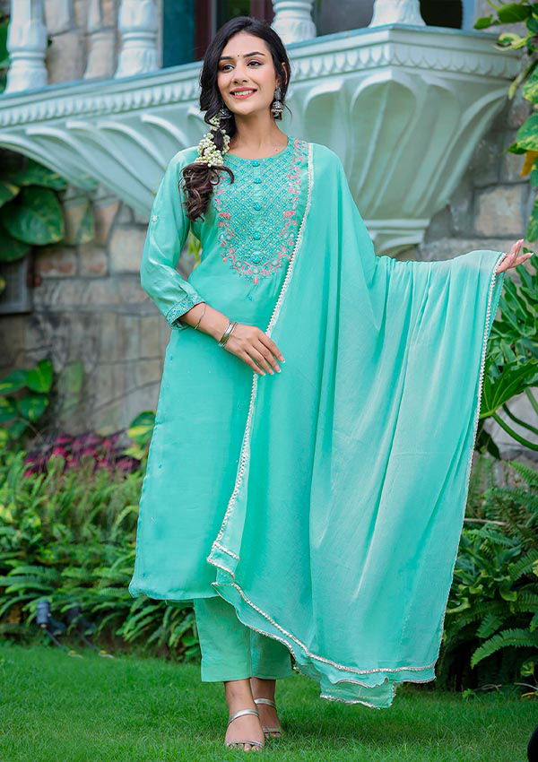 Green Embroidered Silk Kurta Pant Set With Dupatta (pack of 3) - Kaajh - #tag4#