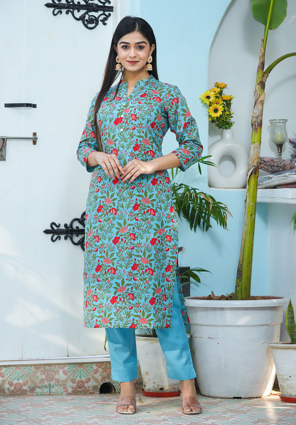 Green Floral Print Cotton Kurta Pant Set - Kaajh - #tag4#