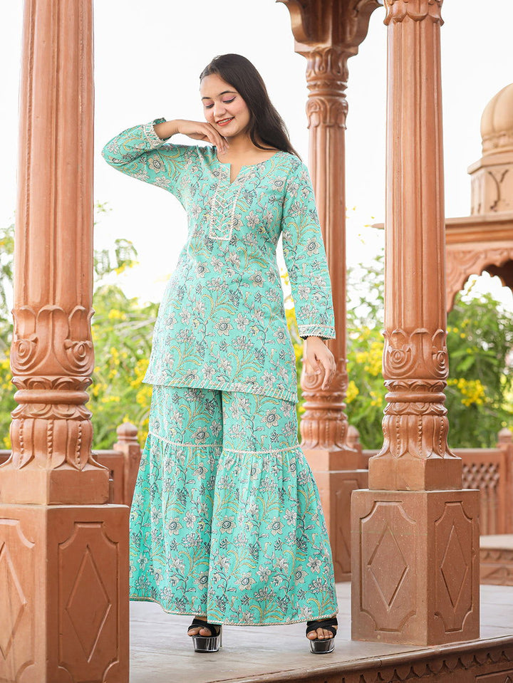 Green Floral Printed Kurta With Sharara suit set (pack of 2) - Kaajh - #tag4#