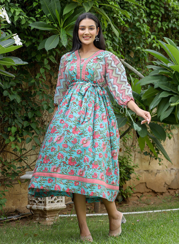 Green Hand-Block Printed Dress (pack of 1) - Kaajh - #tag4#