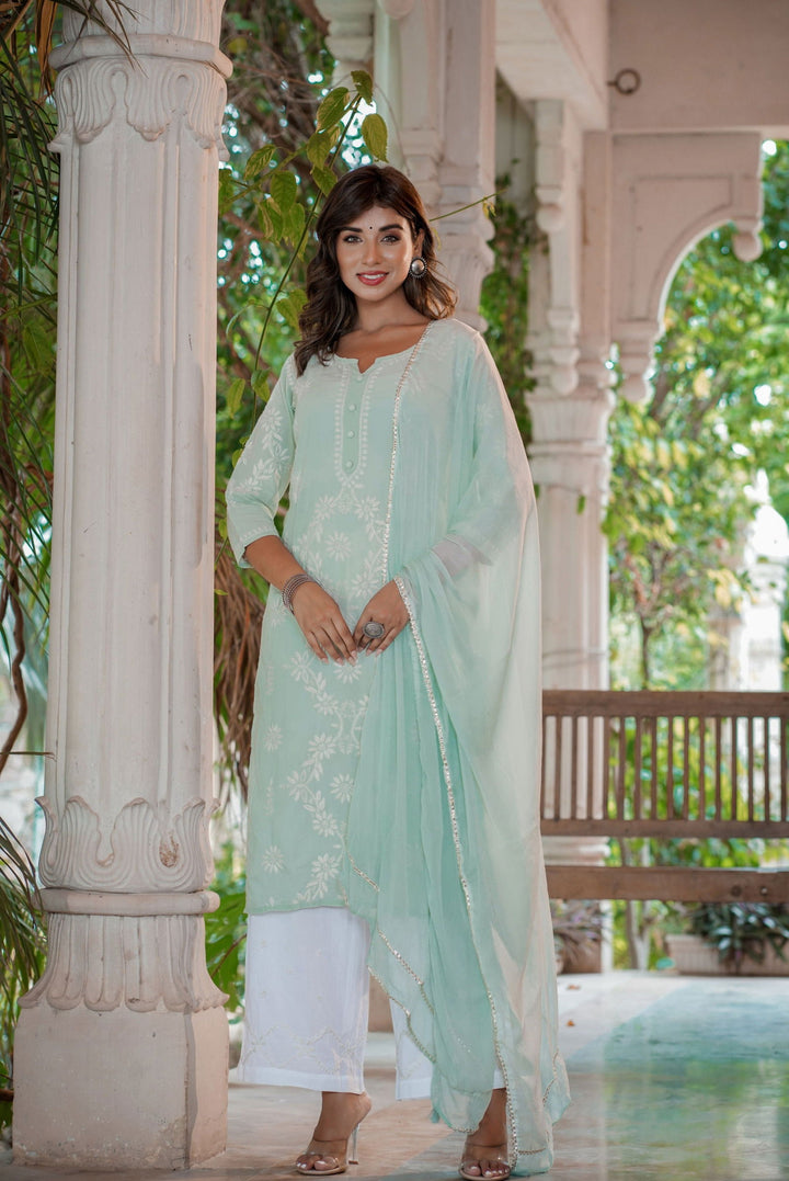 Green Lucknow Chikankari Suit Set  (set of 3) - Kaajh - #tag4#