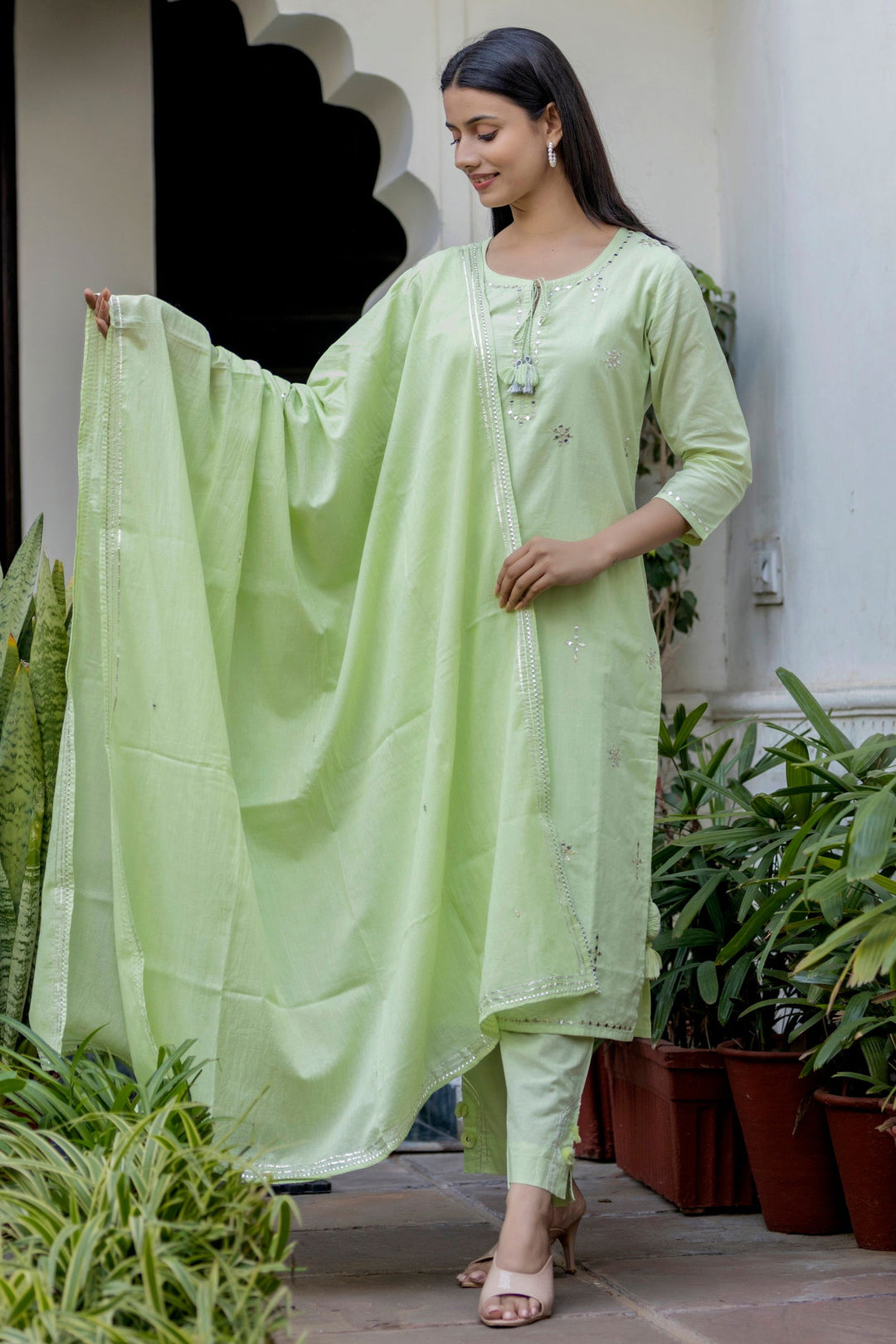 Green Mirror Embellished Cotton Suit Set (pack of 3) - Kaajh - #tag4#