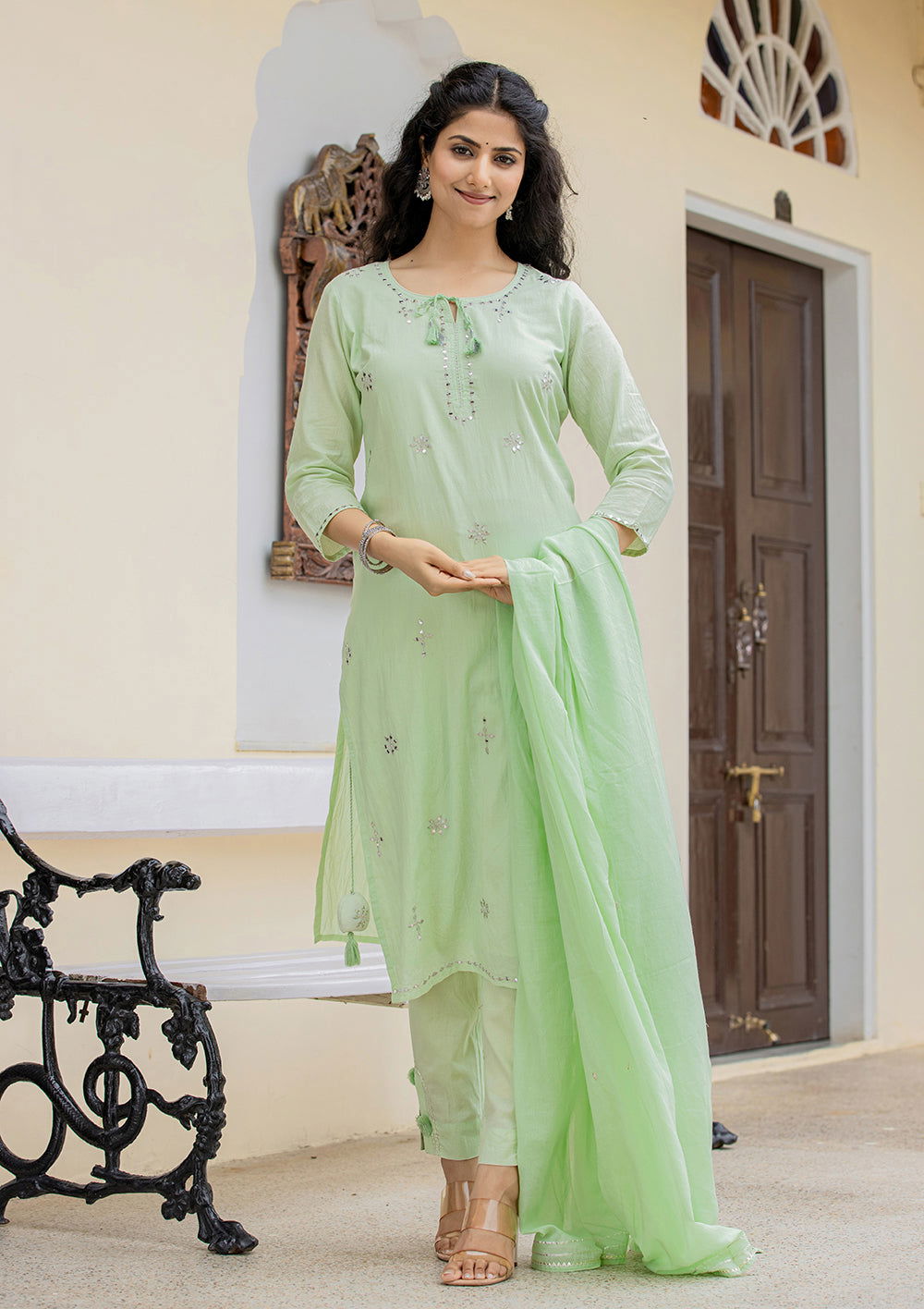 Green Mirror Embroidery Cotton Kurta Pant Set With Dupatta (pack of 3) - Kaajh - #tag4#