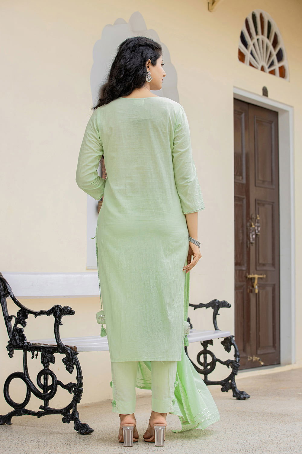 Green Mirror Embroidery Cotton Kurta Pant Set With Dupatta (pack of 3) - Kaajh - #tag4#