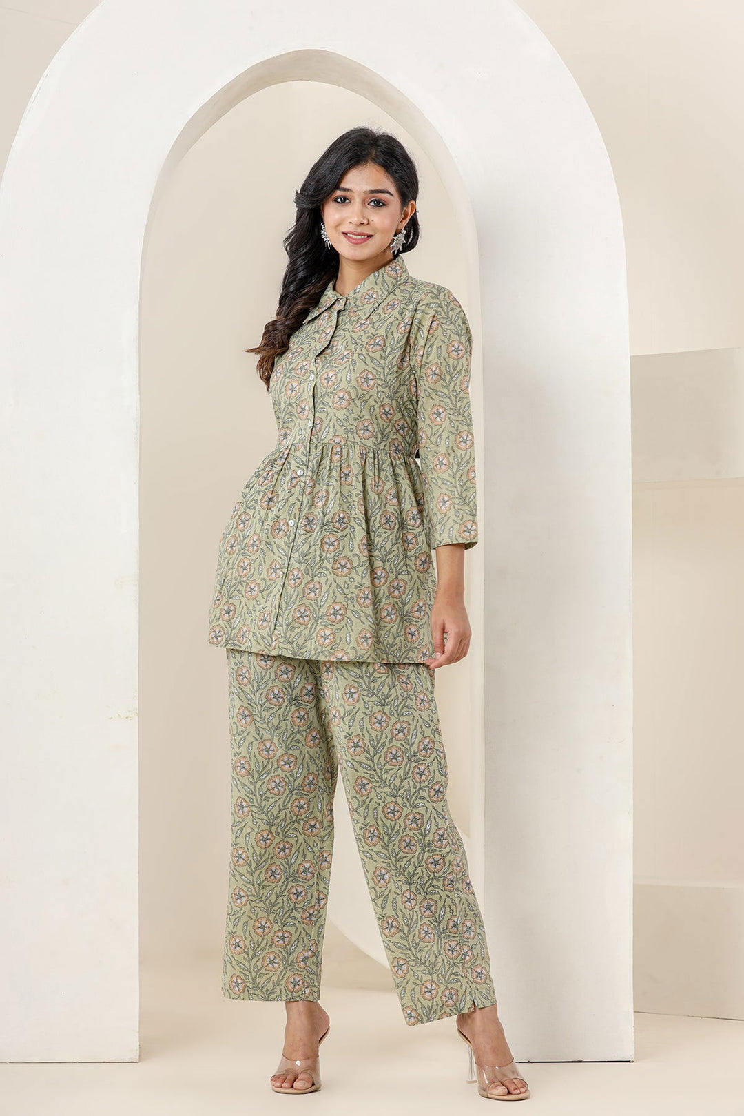 Green Printed Cotton Co-Ord Set (Set of 2) - Kaajh - #tag4#