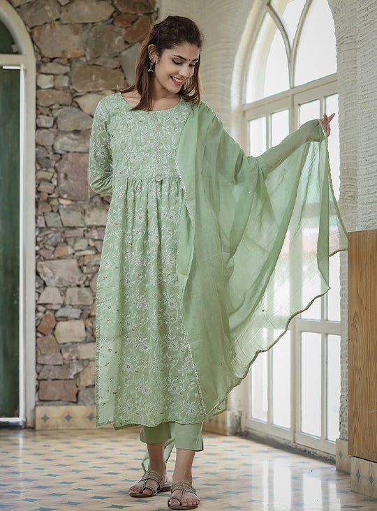 Green Printed Cotton Kurta Pant Set With Dupatta (pack of 3) - Kaajh - #tag4#