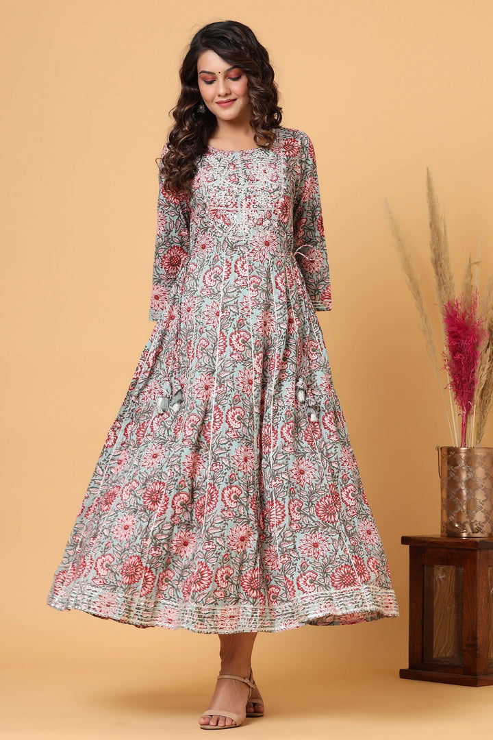 Grey-Pink Embroidered Cotton Ethnic Gown (pack of 1) - Kaajh - #tag4#