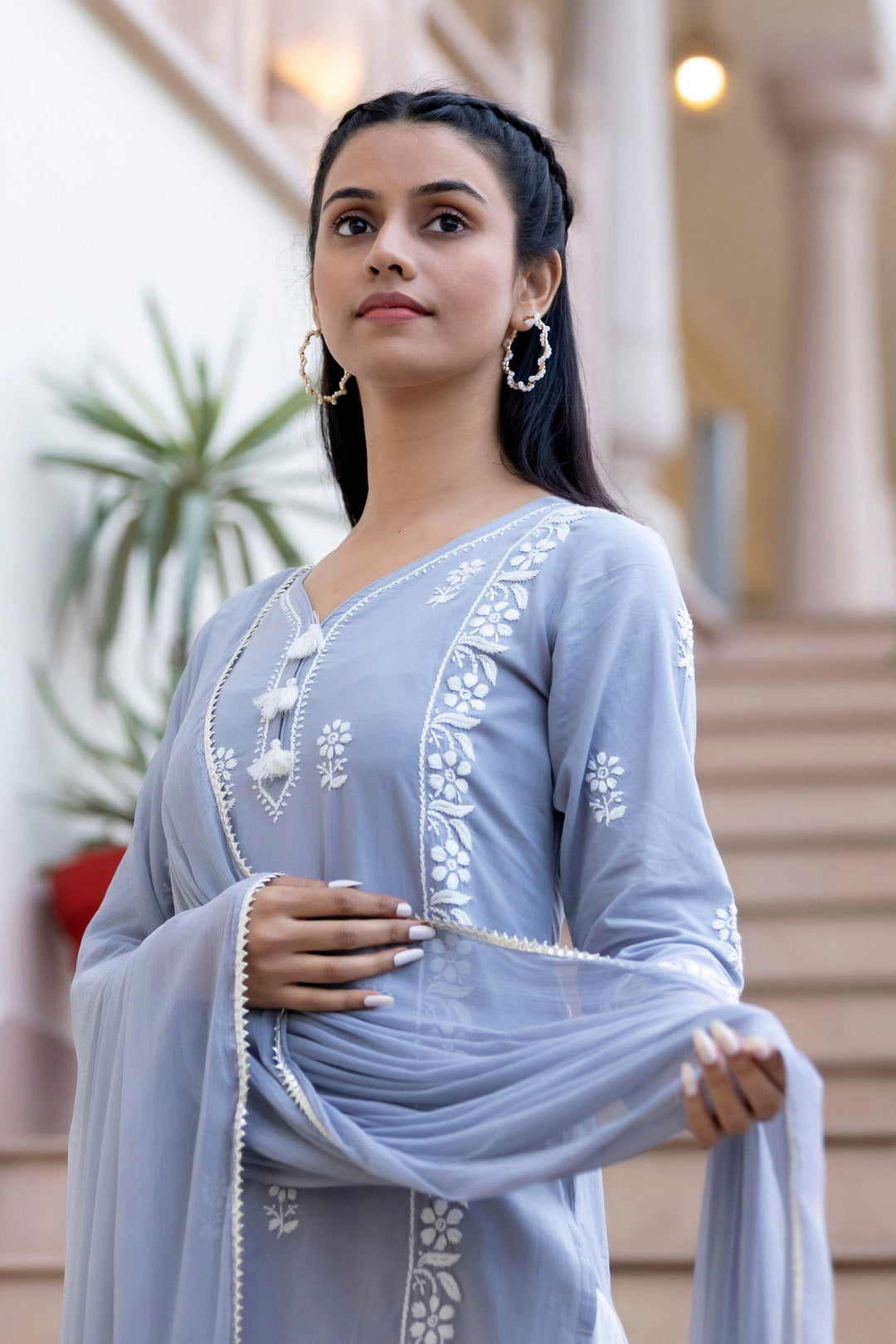 Grey Cotton Hand Embroidered Chikankari Suit Set (Set Of 3) - Kaajh - #tag4#