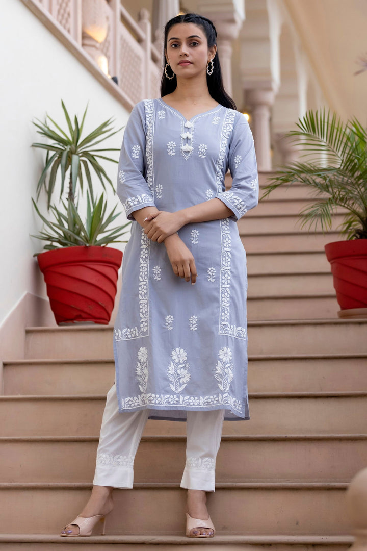 Grey Cotton Hand Embroidered Chikankari Suit Set (Set Of 3) - Kaajh - #tag4#